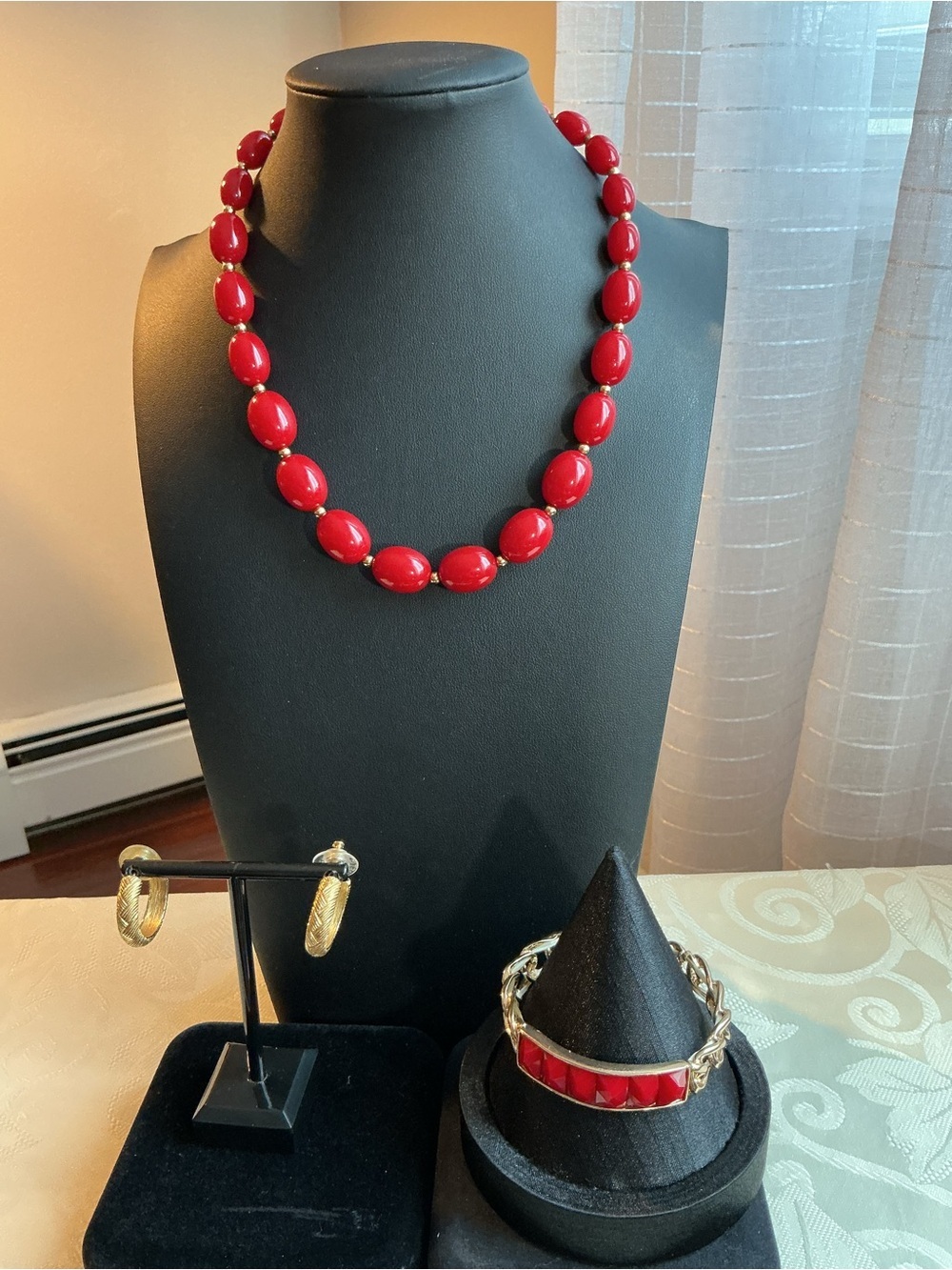 Monet Vintage Cherry Red Acrylic Gold Tone Necklace, Bracelet and Earrings Set - Picture 2 of 10